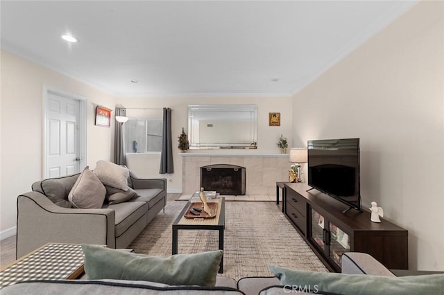 living room with crown molding and a fireplace