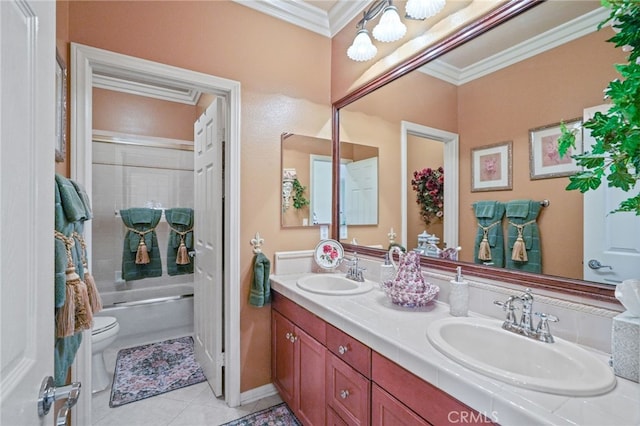 full bathroom with tile patterned flooring, enclosed tub / shower combo, vanity, toilet, and crown molding