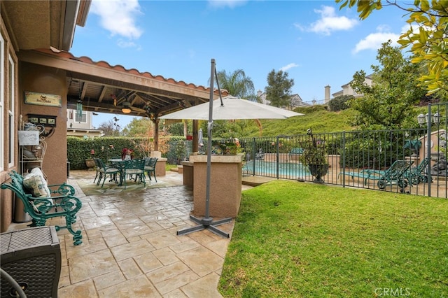 view of patio / terrace with a fenced in pool and ceiling fan