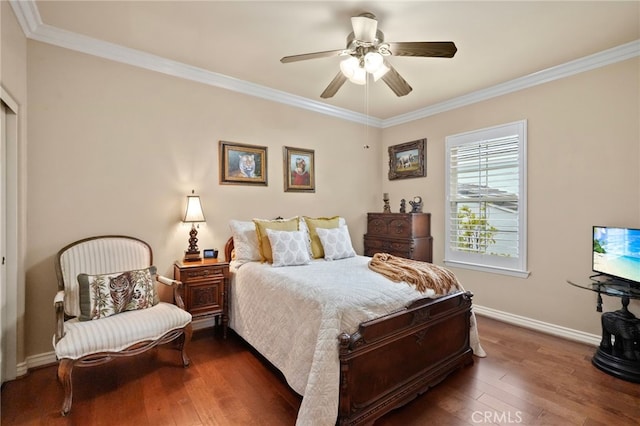 bedroom featuring ceiling fan, ornamental molding, and dark hardwood / wood-style flooring