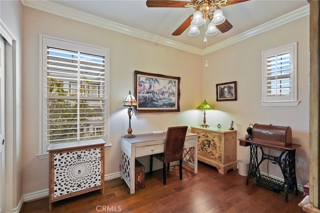 home office featuring crown molding, ceiling fan, and dark hardwood / wood-style flooring