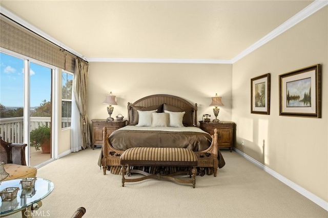 carpeted bedroom with ornamental molding and access to outside