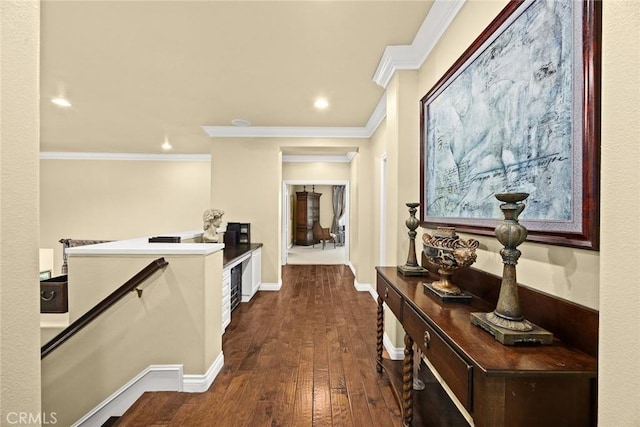 hallway featuring ornamental molding and dark wood-type flooring