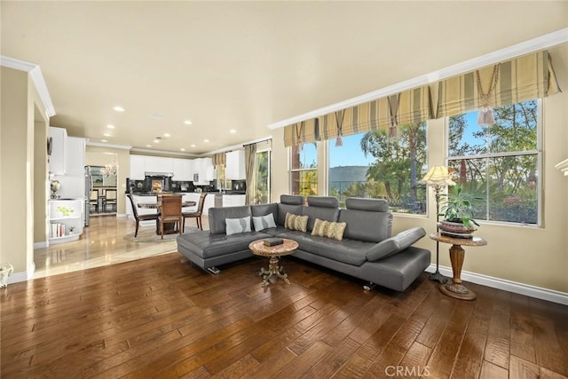 living room with ornamental molding and dark hardwood / wood-style flooring