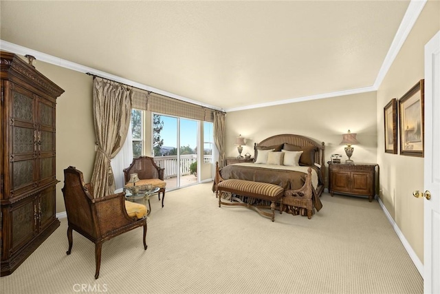 carpeted bedroom featuring crown molding and access to exterior