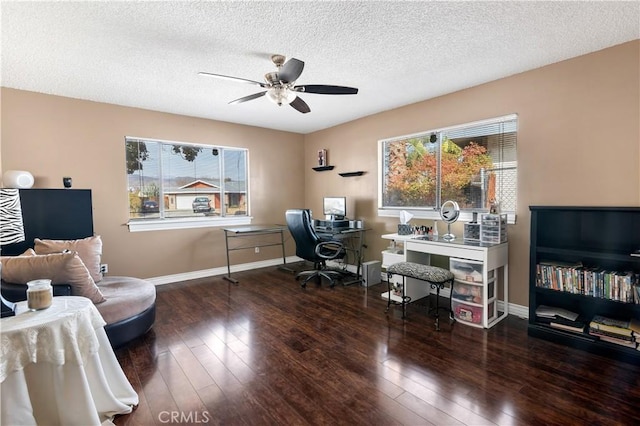 home office featuring dark hardwood / wood-style floors, a textured ceiling, and ceiling fan