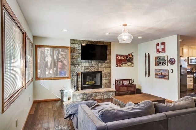 living room featuring hardwood / wood-style flooring and a fireplace