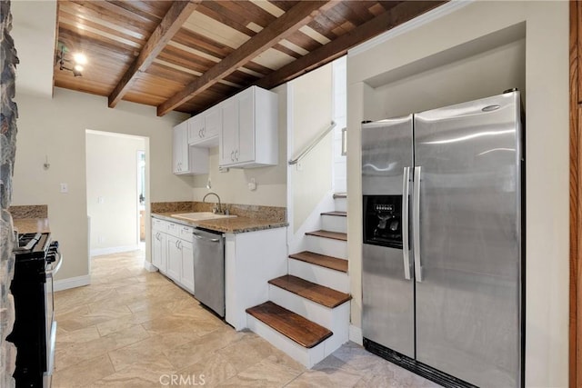 kitchen featuring stone counters, appliances with stainless steel finishes, sink, white cabinets, and wooden ceiling