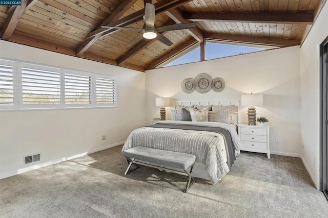 carpeted bedroom with vaulted ceiling with beams, wooden ceiling, and ceiling fan