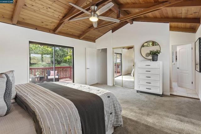 carpeted bedroom featuring wood ceiling, access to exterior, high vaulted ceiling, and beam ceiling