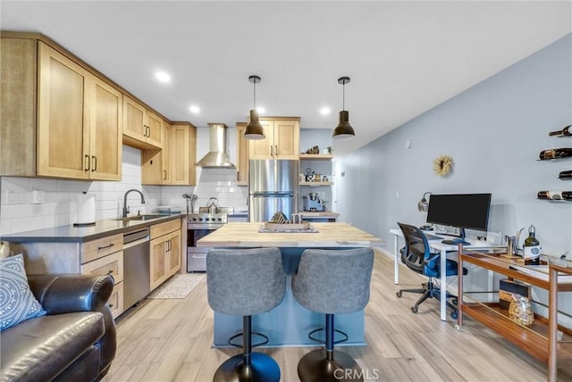 kitchen featuring stainless steel appliances, a sink, a center island, decorative backsplash, and wall chimney exhaust hood