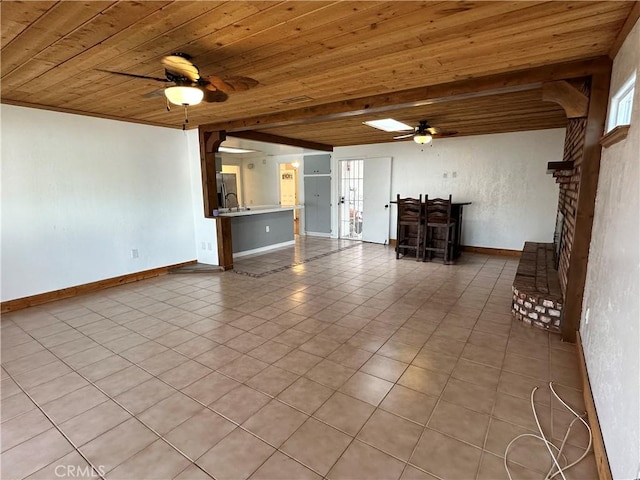 unfurnished living room with ceiling fan, tile patterned floors, indoor bar, and wooden ceiling