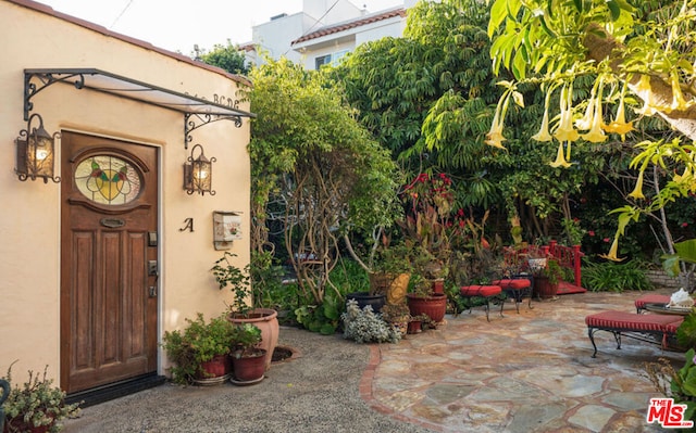 view of exterior entry with a patio area