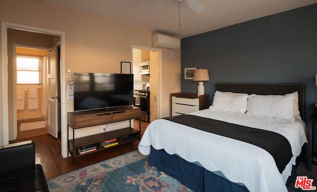 bedroom with dark wood-type flooring, ceiling fan, and a wall mounted AC