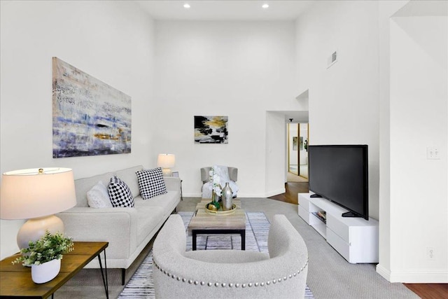 living room with hardwood / wood-style flooring and a high ceiling