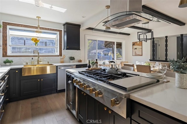 kitchen with sink, tasteful backsplash, hanging light fixtures, appliances with stainless steel finishes, and dark hardwood / wood-style flooring