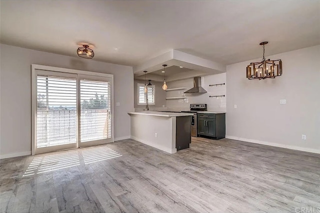 kitchen with wood-type flooring, stainless steel range with electric stovetop, hanging light fixtures, kitchen peninsula, and wall chimney range hood