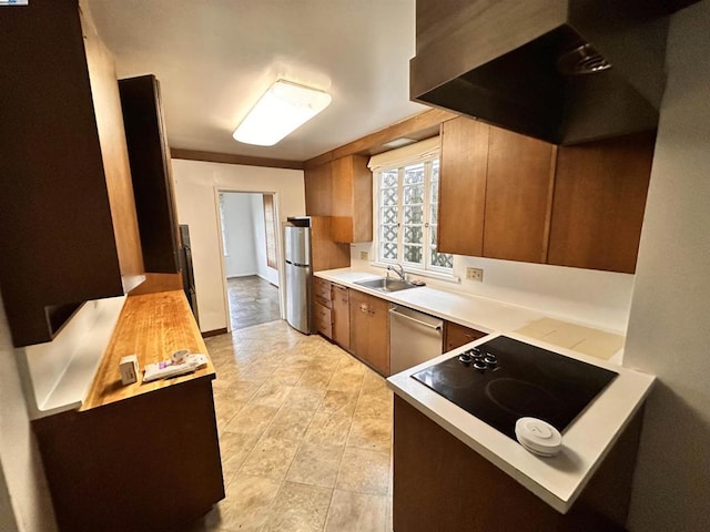 kitchen with sink, dishwasher, black electric stovetop, ventilation hood, and kitchen peninsula