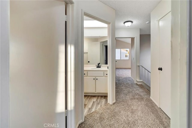 corridor featuring sink, light carpet, and a textured ceiling