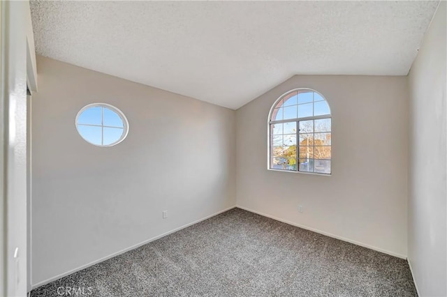 carpeted spare room with vaulted ceiling and a textured ceiling