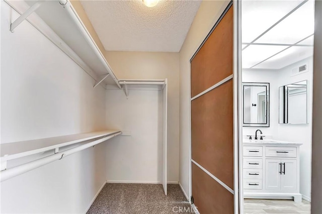 spacious closet with light colored carpet and sink