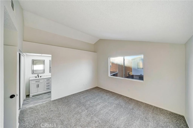 carpeted spare room featuring lofted ceiling, sink, and a textured ceiling