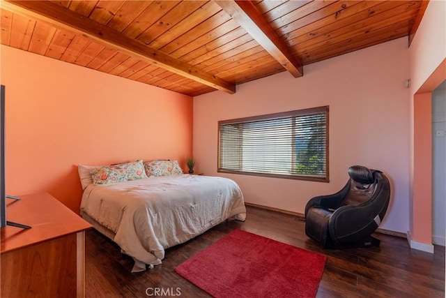 bedroom featuring beamed ceiling, wooden ceiling, and dark hardwood / wood-style floors