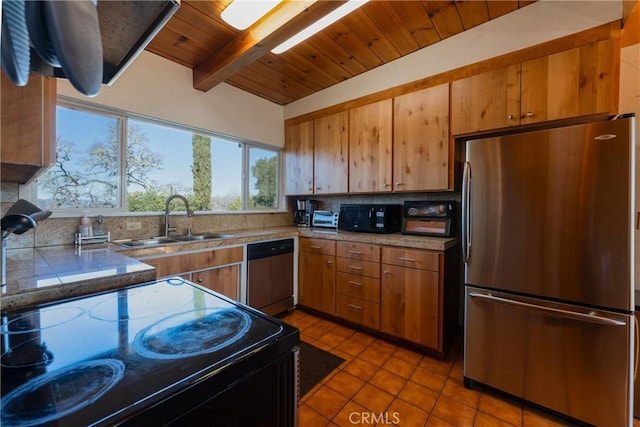 kitchen with stainless steel appliances, sink, wooden ceiling, beamed ceiling, and decorative backsplash