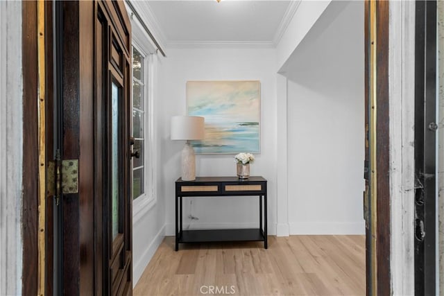 hall featuring ornamental molding and light wood-type flooring