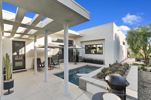 view of pool featuring area for grilling and a patio