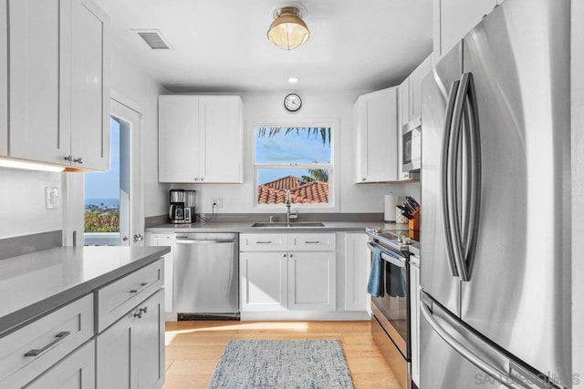 kitchen with appliances with stainless steel finishes, sink, a wealth of natural light, and white cabinets