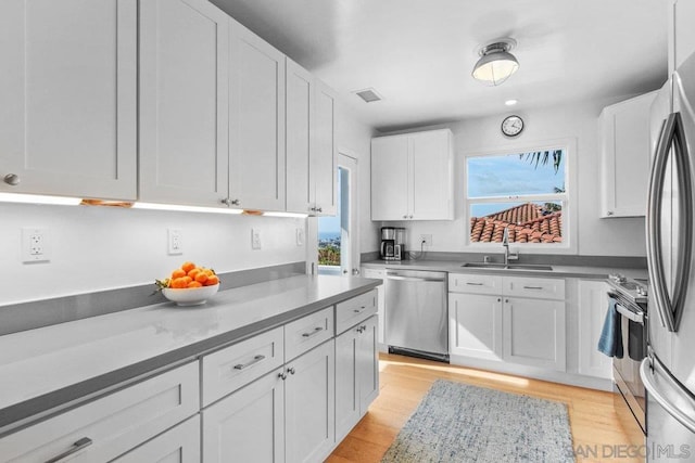 kitchen featuring appliances with stainless steel finishes, sink, white cabinets, and light wood-type flooring