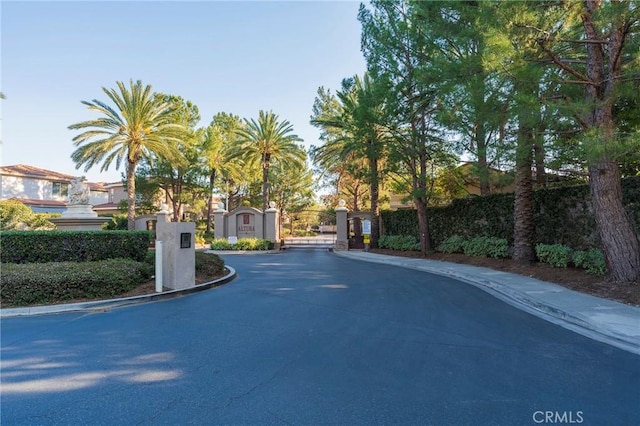 view of road with a gate, curbs, and a gated entry