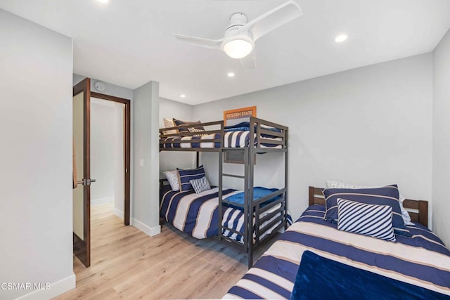 bedroom featuring ceiling fan and light wood-type flooring