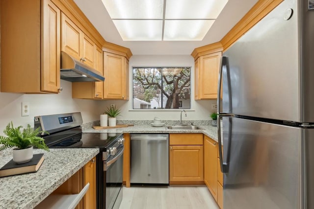 kitchen with light stone counters, stainless steel appliances, sink, and light wood-type flooring