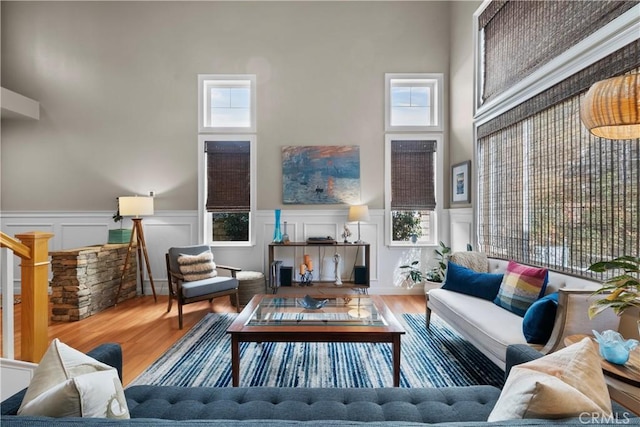 living room featuring a high ceiling and hardwood / wood-style floors