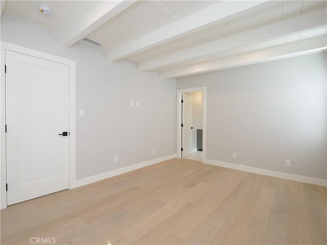 empty room featuring wood ceiling, beam ceiling, and light hardwood / wood-style flooring