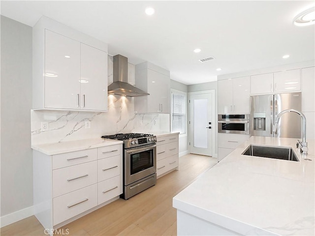 kitchen featuring white cabinetry, wall chimney range hood, stainless steel appliances, and sink