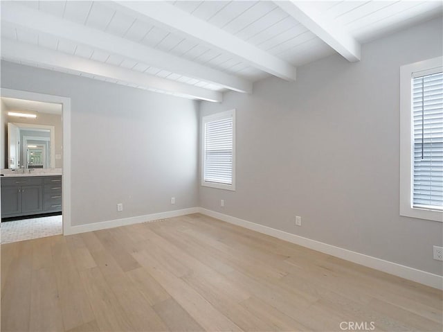 unfurnished room featuring beamed ceiling, sink, wood ceiling, and light hardwood / wood-style flooring