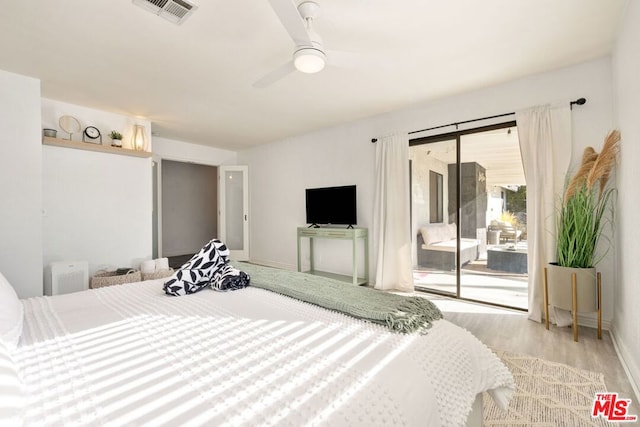 bedroom with ceiling fan, access to outside, and light wood-type flooring