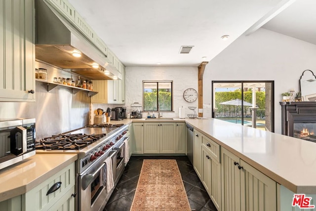 kitchen featuring sink, stainless steel appliances, tasteful backsplash, custom range hood, and kitchen peninsula