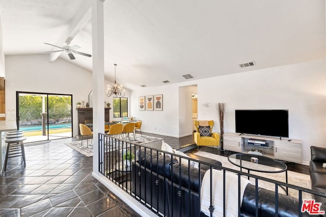 living room featuring ceiling fan with notable chandelier, beam ceiling, and high vaulted ceiling