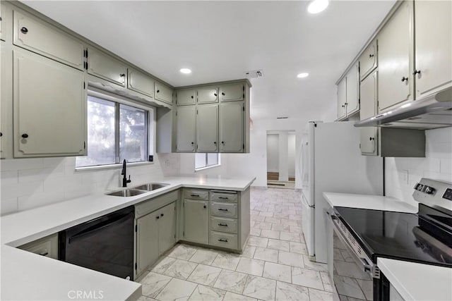 kitchen with sink, stainless steel electric range, dishwasher, and backsplash