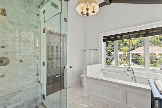 bathroom featuring independent shower and bath and vaulted ceiling