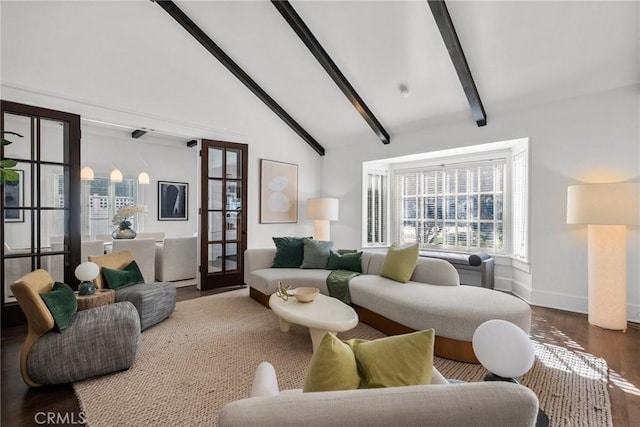 living room featuring beamed ceiling, dark hardwood / wood-style floors, high vaulted ceiling, and french doors