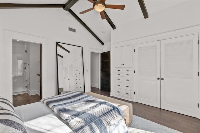 bedroom featuring ensuite bathroom, high vaulted ceiling, dark hardwood / wood-style floors, beamed ceiling, and ceiling fan