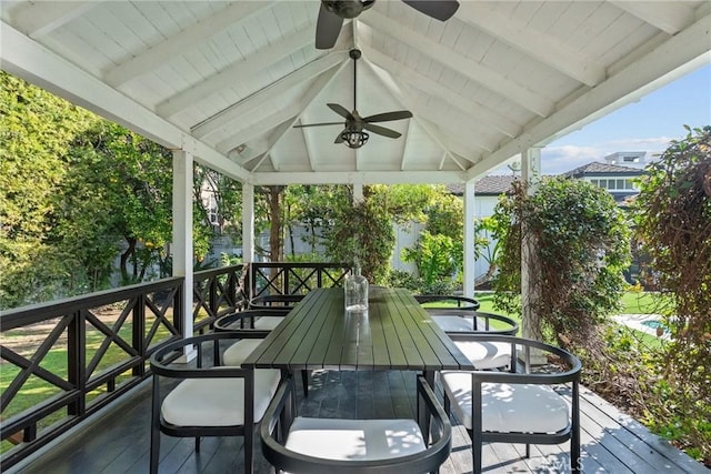 14115 Greenleaf St, Sherman Oaks, CA 91423 - deck featuring ceiling fan, a gazebo, outdoor dining area, and a water view