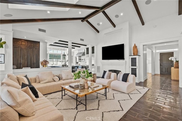 14115 Greenleaf St, Sherman Oaks, CA 91423 - living area with high vaulted ceiling, beamed ceiling, a fireplace, and recessed lighting