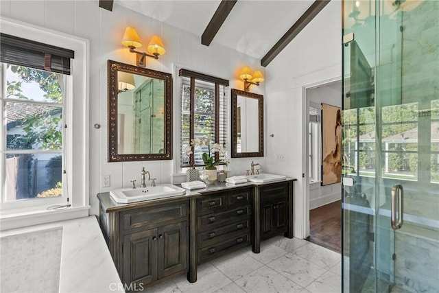 bathroom with walk in shower, vanity, and vaulted ceiling with beams