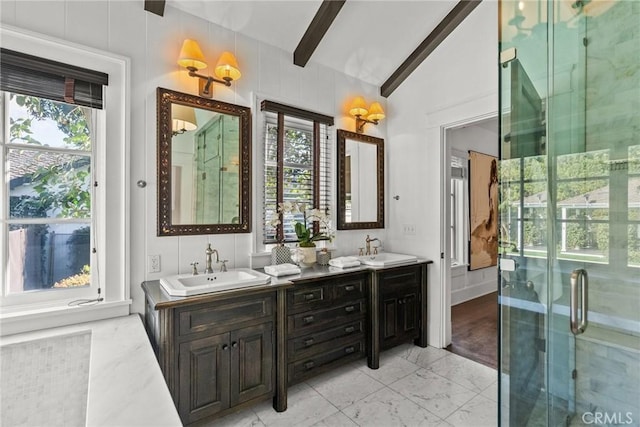 14115 Greenleaf St, Sherman Oaks, CA 91423 - full bathroom with marble look tiles, double vanity, and a shower stall